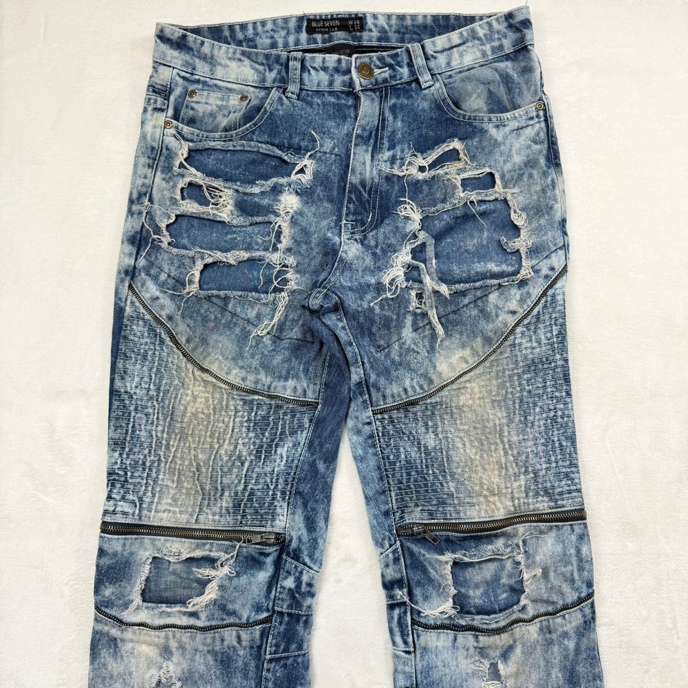 Blue Seven Denim Lab Mens 36x34 Distressed Moto Acid Wash Straight Jeans Blue - Picture 4 of 13